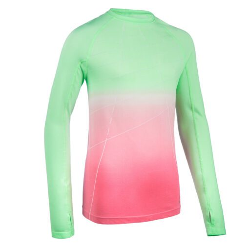 Toto tričko s dlhými rukávmi sme navrhli špeciálne pre dievčatá na športové aktivity. Je vhodné na rôzne športové aktivity v chladnom počasí.Dievčenské bežecké tričko AT 500 Skincare s dlhým rukávom zeleno-ružové