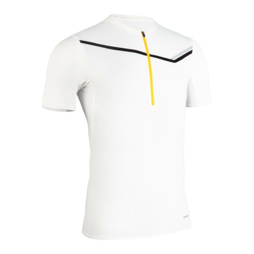 Priliehavé trailové tričko so zipsom je určené na trailový beh na krátke aj dlhé vzdialenosti (tréningy alebo súťaže).Pánske trailové tričko s krátkym rukávom a zipsom biele
