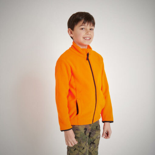 Odolná detská fleecová mikina oranžovej farby s vysokou viditeľnosťou (certifikovaná ako Osobný ochranný prostriedok)