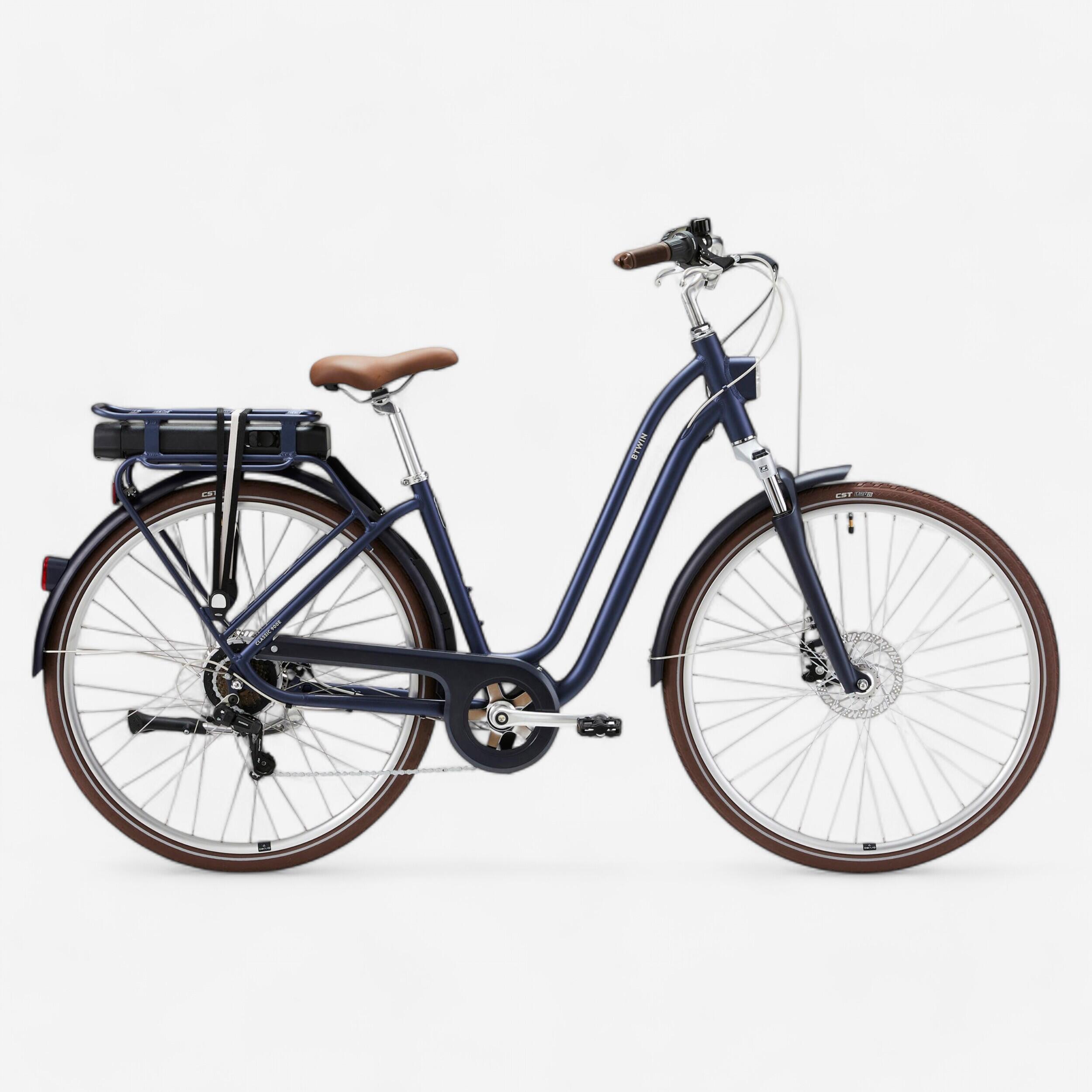 Mestský elektrický bicykel Elops 900 so zníženým rámom tmavomodrý