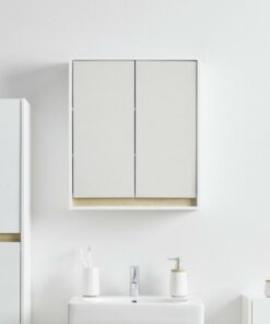 Závesná skrinka v bielej a drevodekore s 2 dverami so zrkadlom